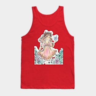 Floral Fantasy: Girl in Pink Dress & Butterfly Graphic Tank Top